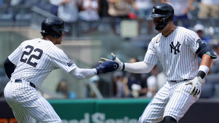 Aug 3, 2024; Bronx, New York, USA; New York Yankees designated hitter Aaron Judge (99) celebrates his two run home run against the Toronto Blue Jays with right fielder Juan Soto (22) during the first inning at Yankee Stadium.