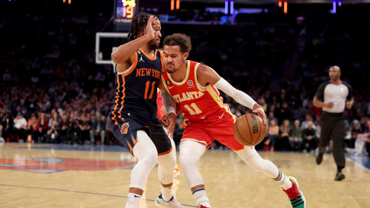 Nov 2, 2022; New York, New York, USA; Atlanta Hawks guard Trae Young (11) drives to the basket against New York Knicks guard Jalen Brunson (11) during the first quarter at Madison Square Garden. Mandatory Credit: Brad Penner-USA TODAY Sports