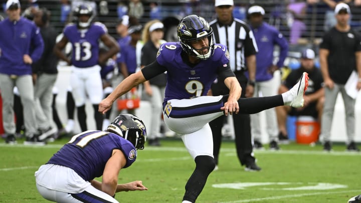 Sep 10, 2023; Baltimore, Maryland, USA; Baltimore Ravens place kicker Justin Tucker (9) kicks a field goal against the Houston Texans during the second half at M&T Bank Stadium. Mandatory Credit: Brad Mills-USA TODAY Sports
