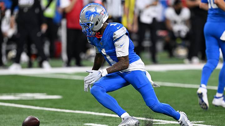 Sep 13, 2026; Detroit, Michigan, USA;  Detroit Lions wide receiver Jameson Williams (1) tracks down a fumble against the New Orleans Saints during the second quarter at Ford Field.  Mandatory Credit: Lon Horwedel-Imagn Images