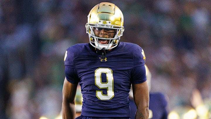 Notre Dame safety Tae Johnson celebrates after getting a stop in the first half of a NCAA football game against Texas A&M at Notre Dame Stadium on Saturday, Sept. 13, 2025, in South Bend.