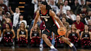 Feb 11, 2025; College Station, Texas, USA; Georgia Bulldogs guard Silas Demary Jr. (5) dribbles the ball during the second half against the Texas A&M Aggies at Reed Arena. Mandatory Credit: Maria Lysaker-Imagn Images 