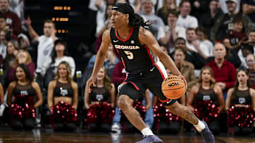 Feb 11, 2025; College Station, Texas, USA; Georgia Bulldogs guard Silas Demary Jr. (5) dribbles the ball during the second half against the Texas A&M Aggies at Reed Arena. Mandatory Credit: Maria Lysaker-Imagn Images 