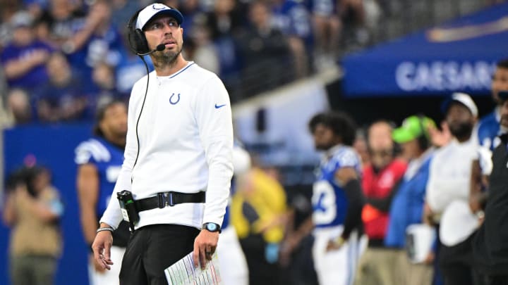 Aug 11, 2024; Indianapolis, Indiana, USA;  Indianapolis Colts head coach Shane Steichen looks up at the replay during the second half against the Denver Broncos at Lucas Oil Stadium. Mandatory Credit: Marc Lebryk-USA TODAY Sports