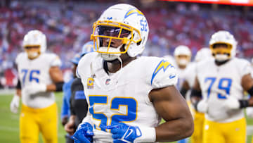 Oct 21, 2024; Glendale, Arizona, USA; Los Angeles Chargers linebacker Khalil Mack (52) against the Arizona Cardinals at State Farm Stadium. Mandatory Credit: Mark J. Rebilas-Imagn Images