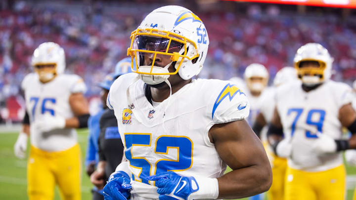 Oct 21, 2024; Glendale, Arizona, USA; Los Angeles Chargers linebacker Khalil Mack (52) against the Arizona Cardinals at State Farm Stadium. Mandatory Credit: Mark J. Rebilas-Imagn Images