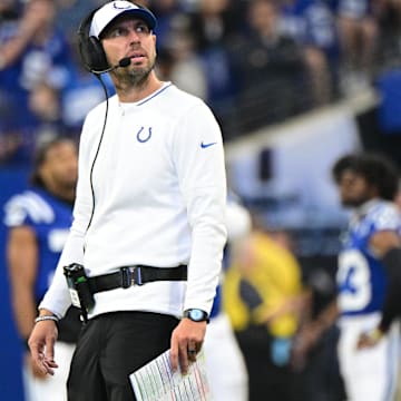 Aug 11, 2024; Indianapolis, Indiana, USA;  Indianapolis Colts head coach Shane Steichen looks up at the replay during the second half against the Denver Broncos at Lucas Oil Stadium. Mandatory Credit: Marc Lebryk-Imagn Images