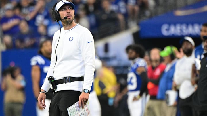 Aug 11, 2024; Indianapolis, Indiana, USA;  Indianapolis Colts head coach Shane Steichen looks up at the replay during the second half against the Denver Broncos at Lucas Oil Stadium. Mandatory Credit: Marc Lebryk-Imagn Images