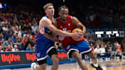 Kansas men's basketball's Darryn Peterson (22) drives to the basket during Late Night in the Phog, Friday, Oct. 17, 2025 at Allen Fieldhouse .