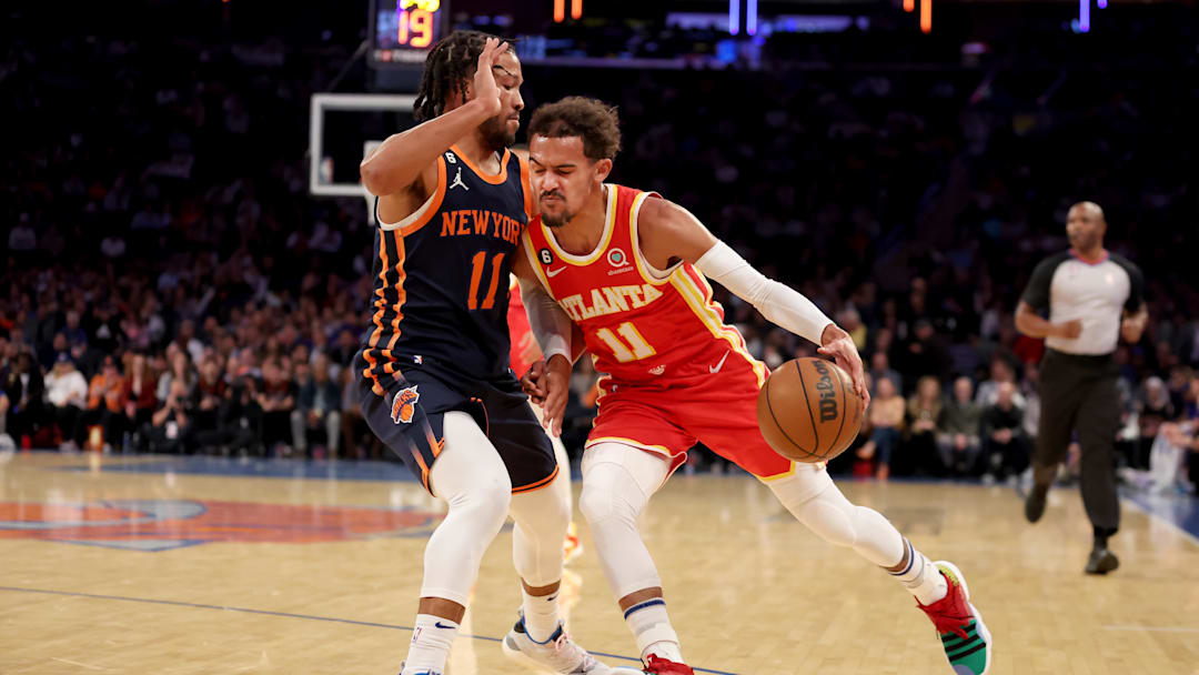 Nov 2, 2022; New York, New York, USA; Atlanta Hawks guard Trae Young (11) drives to the basket against New York Knicks guard Jalen Brunson (11) during the first quarter at Madison Square Garden. Mandatory Credit: Brad Penner-Imagn Images