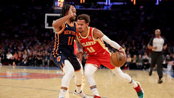 Nov 2, 2022; New York, New York, USA; Atlanta Hawks guard Trae Young (11) drives to the basket against New York Knicks guard Jalen Brunson (11) during the first quarter at Madison Square Garden. Mandatory Credit: Brad Penner-Imagn Images