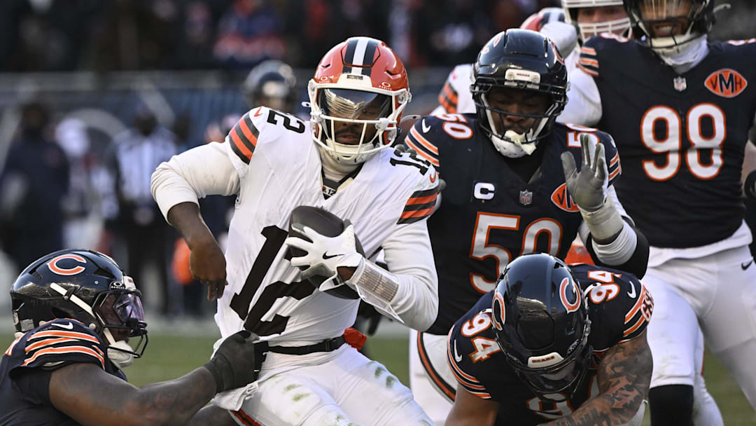 Dec 14, 2025; Chicago, Illinois, USA; Chicago Bears defensive tackle Gervon Dexter Sr. (99) sacks Cleveland Browns quarterback Shedeur Sanders (12) during the fourth quarter at Soldier Field. Mandatory Credit: Matt Marton-Imagn Images
