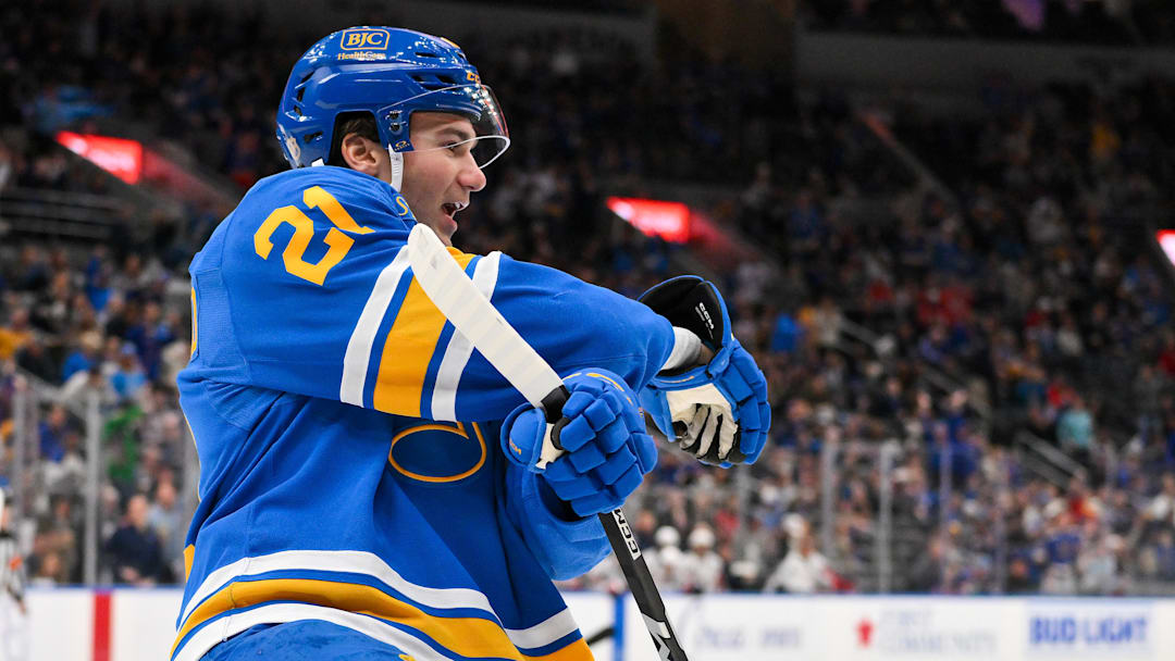 Mar 24, 2026; St. Louis, Missouri, USA; St. Louis Blues right wing Jimmy Snuggerud (21) reacts after scoring against the Washington Capitals during the second period at Enterprise Center. Mandatory Credit: Jeff Curry-Imagn Images