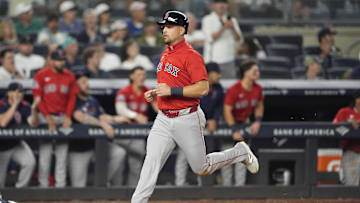 Aug 22, 2025; Bronx, New York, USA; Boston Red Sox first baseman Nathaniel Lowe (37) scores a run on Boston Red Sox catcher Connor Wong (12) (not pictured) RBI double against the New York Yankees during the seventh inning at Yankee Stadium. Mandatory Credit: Gregory Fisher-Imagn Images