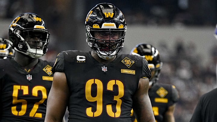 Oct 2, 2022; Arlington, Texas, USA; Washington Commanders defensive tackle Jonathan Allen (93) during the game between the Dallas Cowboys and the Washington Commanders AT&T Stadium. Mandatory Credit: Jerome Miron-Imagn Images