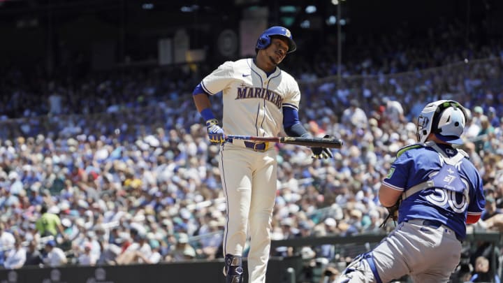 Seattle Mariners second baseman Jorge Polanco (7) reacts after striking out against the Toronto Blue Jays during the second inning at T-Mobile Park on July 7.