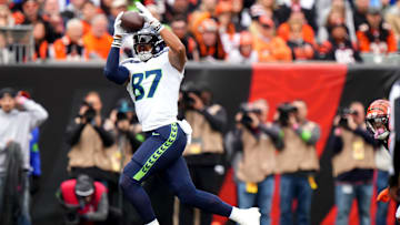 Seattle Seahawks tight end Noah Fant (87) completes a catch in the first quarter during an NFL football game between the Seattle Seahawks and the Cincinnati Bengals Sunday, Oct. 15, 2023, at Paycor Stadium in Cincinnati.