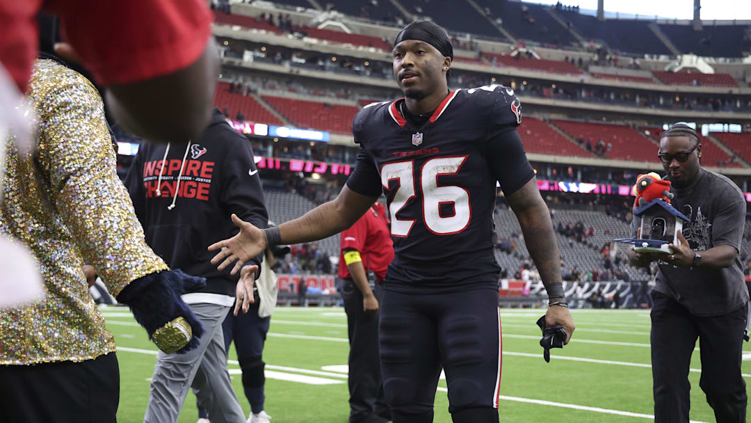 Dec 14, 2025; Houston, Texas, USA; Houston Texans running back Jawhar Jordan (26) walks off the field after the game against the Arizona Cardinals at NRG Stadium. Mandatory Credit: Troy Taormina-Imagn Images