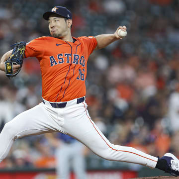 Aug 2, 2024; Houston, Texas, USA; Houston Astros starting pitcher Yusei Kikuchi delivers a pitch.