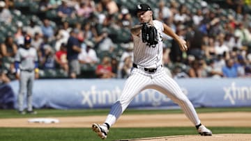 Sep 1, 2024; Chicago, Illinois, USA; Chicago White Sox starting pitcher Garrett Crochet (45) delivers a pitch against the New York Mets during the first inning at Guaranteed Rate Field. Mandatory Credit: Kamil Krzaczynski-Imagn Images
