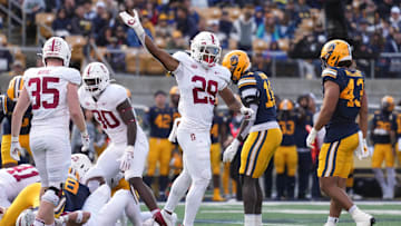Nov 23, 2024; Berkeley, California, USA; Stanford Cardinal safety Darrius Davis (29) reacts after a California Golden Bears turnover during the third quarter at California Memorial Stadium. Mandatory Credit: Darren Yamashita-Imagn Images
