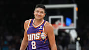 Mar 7, 2024; Phoenix, Arizona, USA; Phoenix Suns guard Grayson Allen (8) reacts against the Toronto Raptors during the first half at Footprint Center. Mandatory Credit: Joe Camporeale-Imagn Images