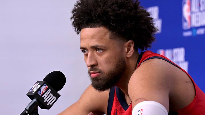 Feb 13, 2026; Inglewood, California, USA;  Team USA Stars guard Cade Cunningham (2) of the Detroit Pistons during a news conference for the NBA All Star game at Intuit Dome. Mandatory Credit: Jayne Kamin-Oncea-Imagn Images