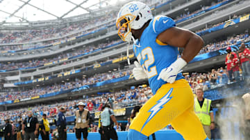 Los Angeles Chargers linebacker Khalil Mack (52) enters the field before the game against the Kansas City Chiefs at SoFi Stadium.