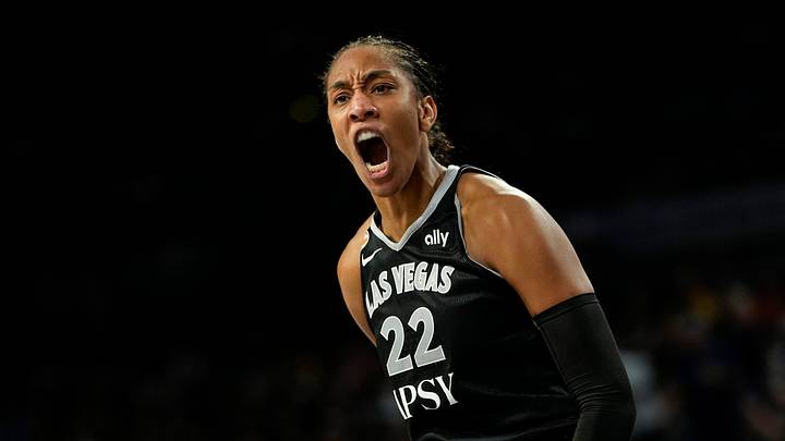 Las Vegas, Nevada, USA; Las Vegas Aces center A'ja Wilson (22) reacts after scoring against the Indiana Fever during the third quarter of a WNBA basketball game at Michelob Ultra Arena on July 12, 2026.