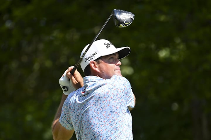 Keegan Bradley plays his shot from the seventh tee during the first round of the FedEx St. Jude Championship 