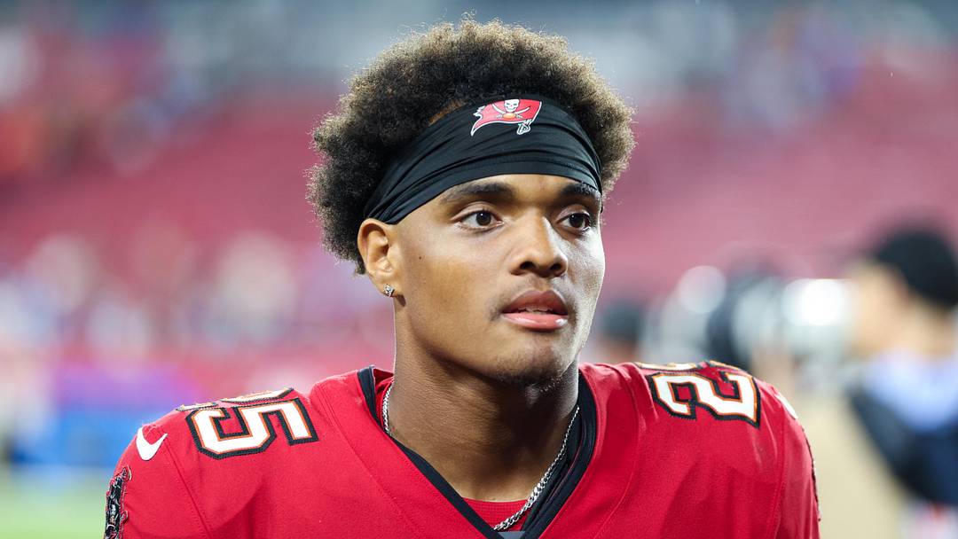 Aug 9, 2025; Tampa, Florida, USA; Tampa Bay Buccaneers cornerback Jacob Parrish (25) looks on after a preseason game against the Tennessee Titans at Raymond James Stadium. Mandatory Credit: Nathan Ray Seebeck-Imagn Images