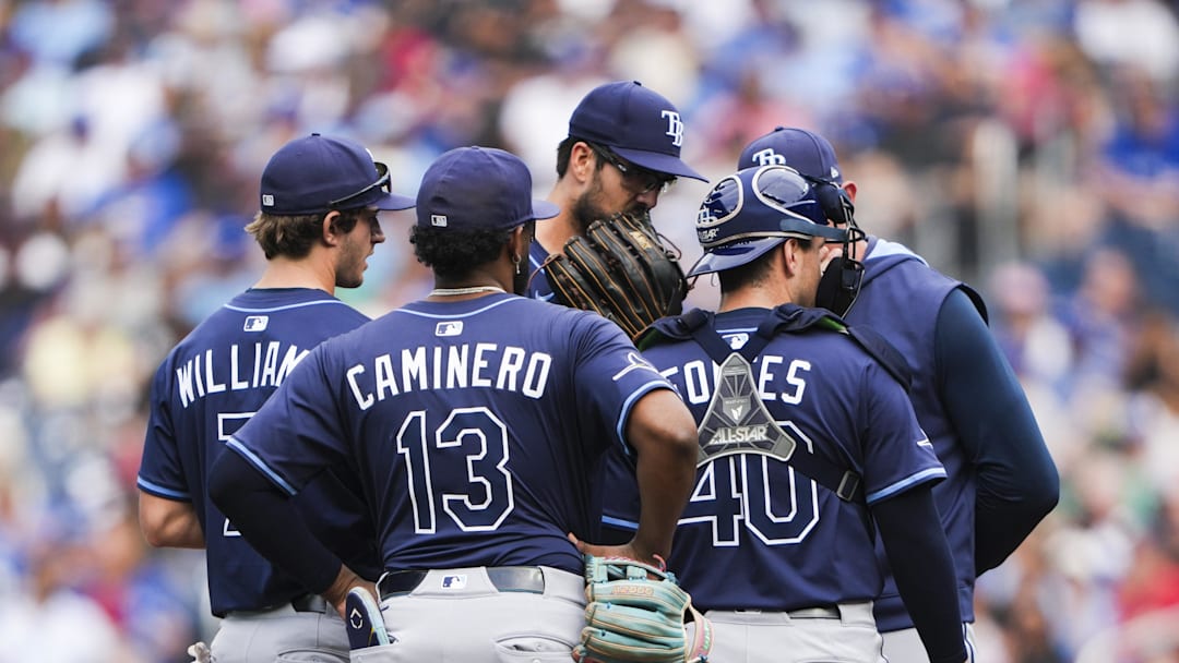 Sep 27, 2025; Toronto, Ontario, CAN; Tampa Bay Rays pitcher Joe Boyle (36) stands on the mound with catcher Nick Fortes (40) against the Toronto Blue Jays during the first inning at Rogers Centre. Mandatory Credit: Kevin Sousa-Imagn Images Sep 27, 2025; Toronto, Ontario, CAN; Tampa Bay Rays pitcher Joe Boyle (36) stands on the mound with catcher Nick Fortes (40) against the Toronto Blue Jays during the first inning at Rogers Centre. Mandatory Credit: Kevin Sousa-Imagn Images