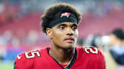 Aug 9, 2025; Tampa, Florida, USA; Tampa Bay Buccaneers cornerback Jacob Parrish (25) looks on after a preseason game against the Tennessee Titans at Raymond James Stadium. Mandatory Credit: Nathan Ray Seebeck-Imagn Images