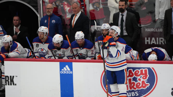 Jun 24, 2024; Sunrise, Florida, USA; Edmonton Oilers react to the loss against the Florida Panthers in game seven of the 2024 Stanley Cup Final at Amerant Bank Arena. Mandatory Credit: Jim Rassol-USA TODAY Sports