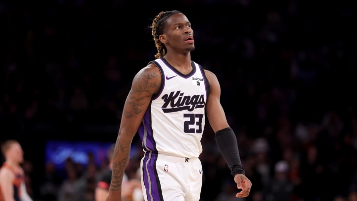 Apr 4, 2024; New York, New York, USA; Sacramento Kings guard Keon Ellis (23) react after fouling out against the New York Knicks during the fourth quarter at Madison Square Garden. Mandatory Credit: Brad Penner-USA TODAY Sports