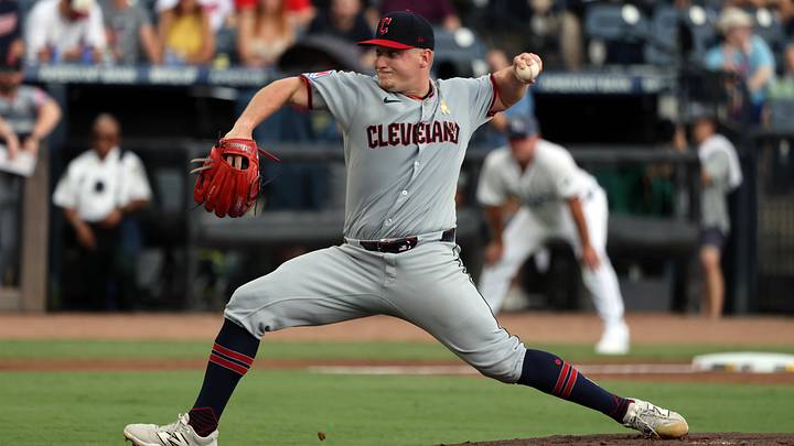 Sep 7, 2025: Cleveland Guardians starting pitcher Parker Messick (77) throws a pitch against the Tampa Bay Rays during the first inning  at George M. Steinbrenner Field. 