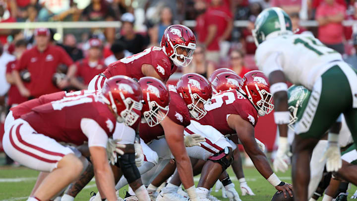 Sep 14, 2024; Fayetteville, Arkansas, USA; Arkansas Razorbacks quarterback Taylen Green (10) at the line during the fourth quarter against the UAB Blazers at Donald W. Reynolds Razorback Stadium. Arkansas won 37-27. Mandatory Credit: Nelson Chenault-Imagn Images