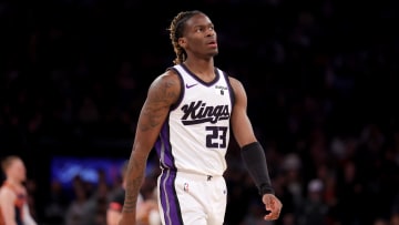 Apr 4, 2024; New York, New York, USA; Sacramento Kings guard Keon Ellis (23) react after fouling out against the New York Knicks during the fourth quarter at Madison Square Garden. Mandatory Credit: Brad Penner-USA TODAY Sports