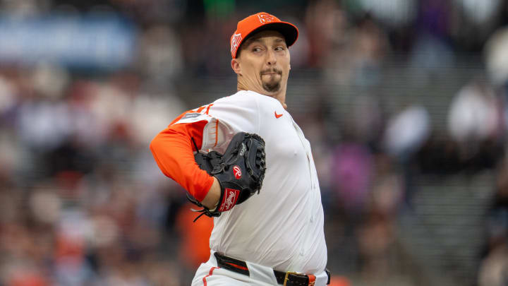 Jul 9, 2024; San Francisco, California, USA;  San Francisco Giants starting pitcher Blake Snell (7) delivers a pitch against the Toronto Blue Jays during the first inning at Oracle Park. 