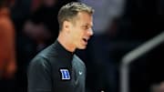 Duke basketball coach Jon Scheyer during the college basketball exhibition game against Tennessee on October 26, 2025, in Knoxville, Tenn.