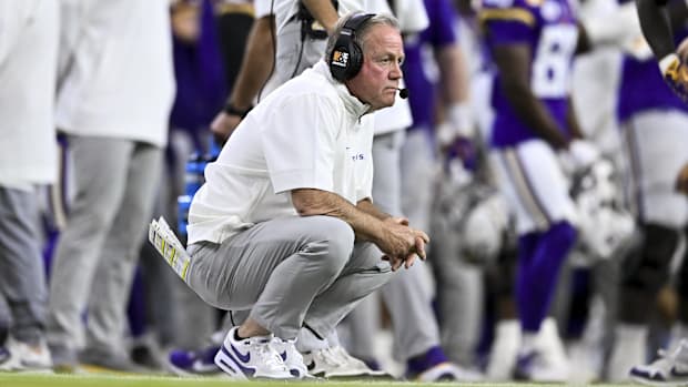 LSU Tigers head coach Brian Kelly looks on during the second half of a game against the Baylor Bears.