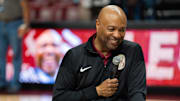 Florida State Seminoles head coach Leonard Hamilton addresses the fans and former players after his last home game before retiring. The Florida State Seminoles defeated the Southern Methodist Mustangs 76-69 on Saturday, March 8, 2025.
