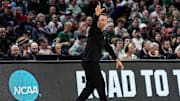 New Mexico head coach Richard Pitino reacts to a play against Michigan State during the first half of the Second Round of NCAA tournament at Rocket Arena.
