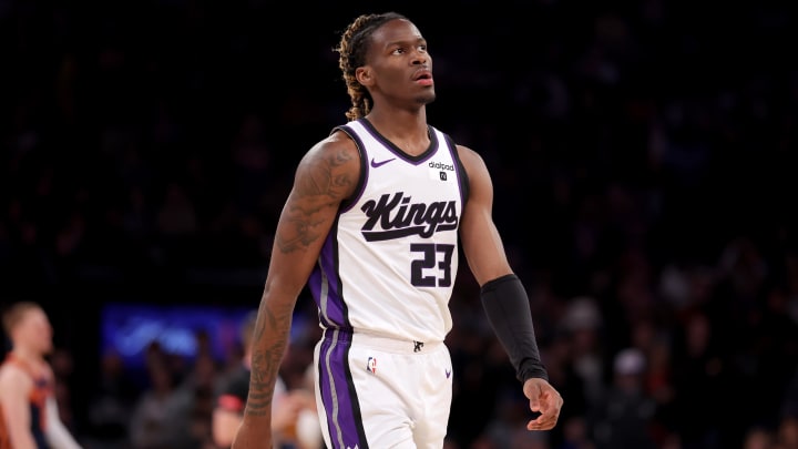 Apr 4, 2024; New York, New York, USA; Sacramento Kings guard Keon Ellis (23) react after fouling out against the New York Knicks during the fourth quarter at Madison Square Garden. 