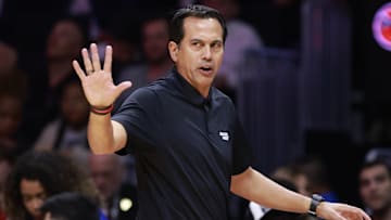 Nov 24, 2024; Miami, Florida, USA;  Miami Heat head coach Erik Spoelstra reacts against the Dallas Mavericks during the first half  at Kaseya Center. Mandatory Credit: Rhona Wise-Imagn Images
