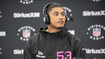 Feb 27, 2025; Indianapolis, IN, USA; Notre Dame defensive back Xavier Watts (DB53) during the 2025 NFL Combine at Lucas Oil Stadium. Mandatory Credit: Tanner Pearson-Imagn Images