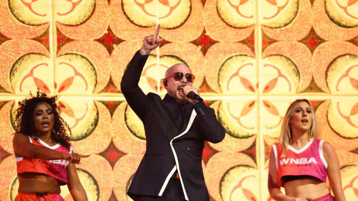 Jul 20, 2024; Phoenix, AZ, USA; Entertainer and recording artist Pitbull performs during the half time show for the WNBA All Star Game between Team WNBA and USA Women's National Team at Footprint Center.