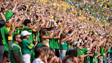 Oregon students dance along to "Shout!" as the Oregon Ducks host the Montana State Bobcats on Aug. 30, 2025, at Autzen Stadium in Eugene, Oregon.
