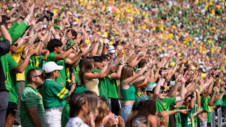 Oregon students dance along to "Shout!" as the Oregon Ducks host the Montana State Bobcats on Aug. 30, 2025, at Autzen Stadium in Eugene, Oregon.