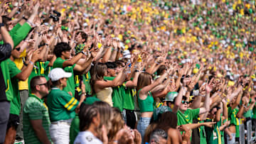 Oregon students dance along to shout as the Oregon Ducks host the Montana State Bobcats on Aug. 30, 2025, at Autzen Stadium in Eugene, Oregon.